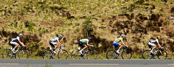 Scott Creighton leads a small bunch with Taylor Gunman (far left) on one of the big climbs on stage five of the An Post Ras Tour of Ireland today